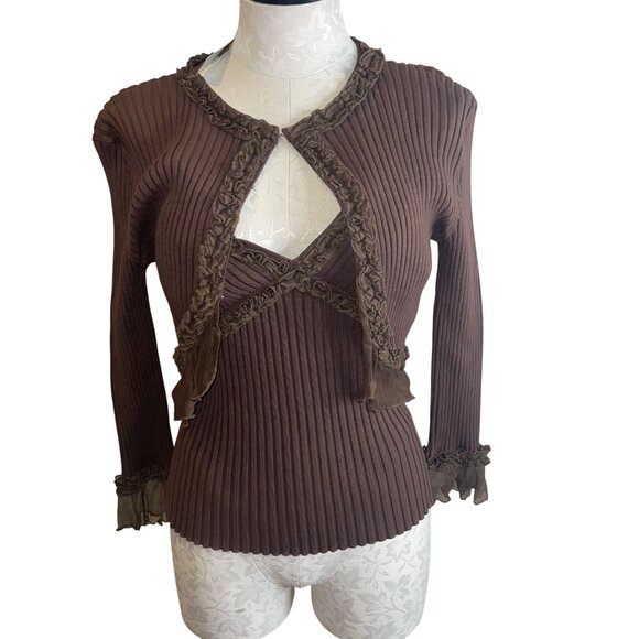 WD NY Womens Cardigan And Tank Top Brown Set Size Large Y2K Ribbed New - Picture 2 of 10
